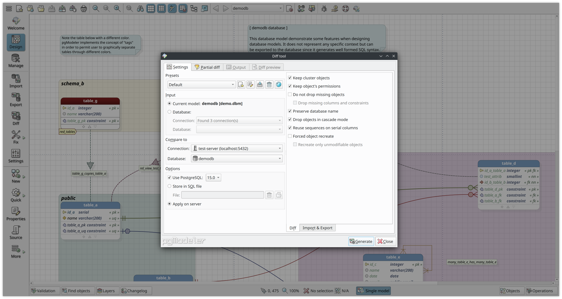 Keep synchronized both model and database with the diff tool.